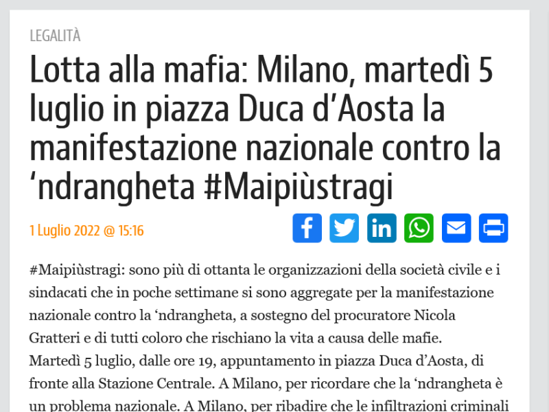 Lotta alla mafia: Milano, martedì 5 luglio in piazza Duca d’Aosta la manifestazione nazionale contro la ‘ndrangheta #Maipiùstragi